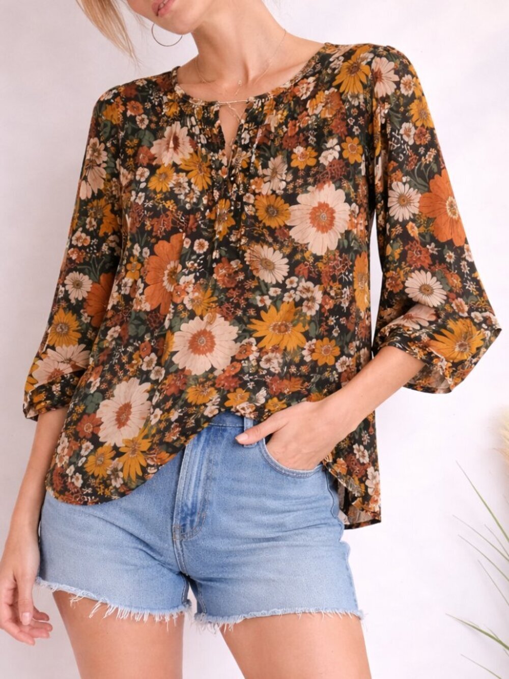 NATURAL LIFE NEW Boho Black Retro Floral Cotton 3/4 Sleeve Blouse Top SZ Small